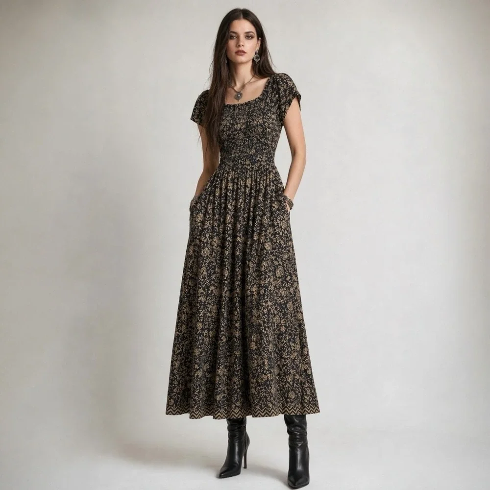 Free People Ultraviolet Maxi Dress L Black Brown Floral Smocked Boho Whimsigoth - Picture 2 of 13